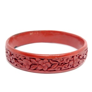 Antique Cinnabar Bangle Hand Carved Chinese Red Lacquer Intricate Floral Design 1920s 30s Vintage