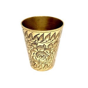 Vintage Indian Brass Pot Vase Floral Etched Plant Pot Gold 1970s 80s