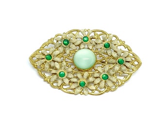 Vintage Czech Brooch 1930s Bohemia Green Rhinestones Cats Eye Vintage Gold Floral Art Nouveau Flowers Eye Shaped