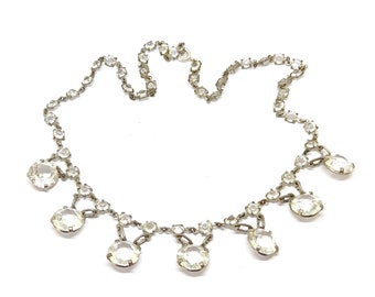 Collier Art Déco Années 1930 En Argent 925 - Rivière De Strass Brillants - Bijou Ancien Ras Du Cou