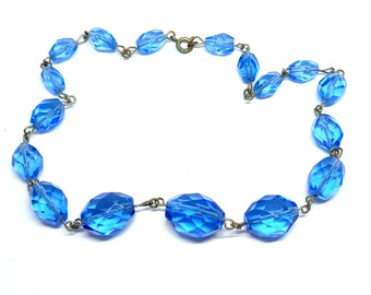 Antique Blue Glass Beads 1930s 40s Beaded Necklace Bright Colourful Vintage Czech