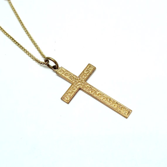 Antique Gold Cross Pendant Floral Engraved Crucif… - image 6