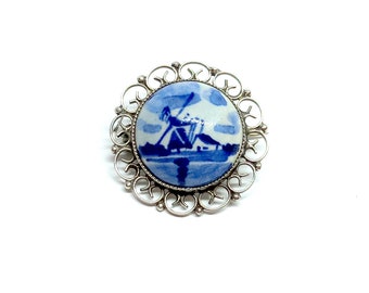 Delft jóias moinho de vento broche 835 prata porcelana vintage holandês azul branco pintado à mão china filigrana pino
