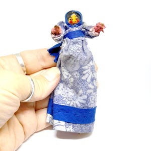 Vintage 1960s Peg Doll Dolly Peg Handmade Wooden Cloth Toy Blue Dress White Trousers