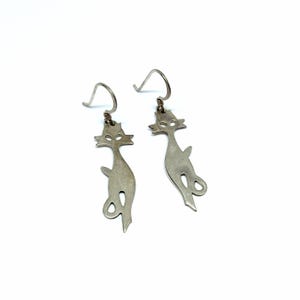 Sterling Silver Cat Earrings Stylised Kitten Cat Jewellery Solid Silver 925 Earrings Dangle Vintage 1970s 80s