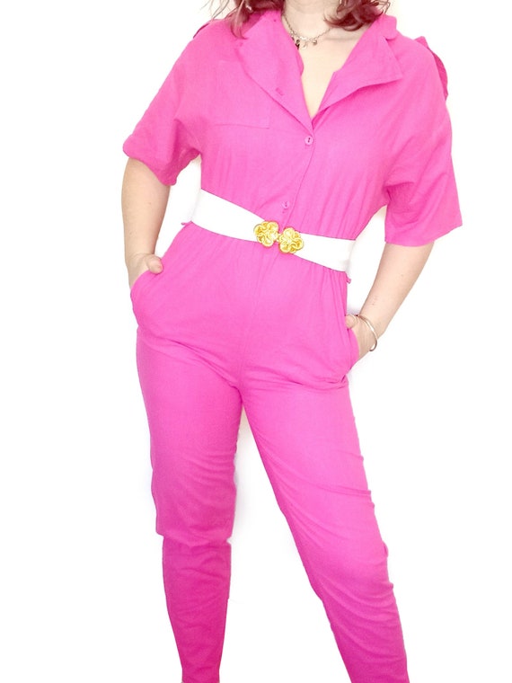 Vintage Jumpsuit Pink Cotton Boilersuit 1980s 90s… - image 4