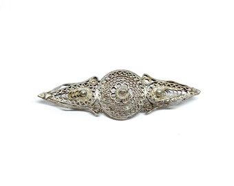 Broche Ancienne En Argent Massif Poinçonnée - Décor Feuille Et Filigrane - Bijou Vintage Occasion