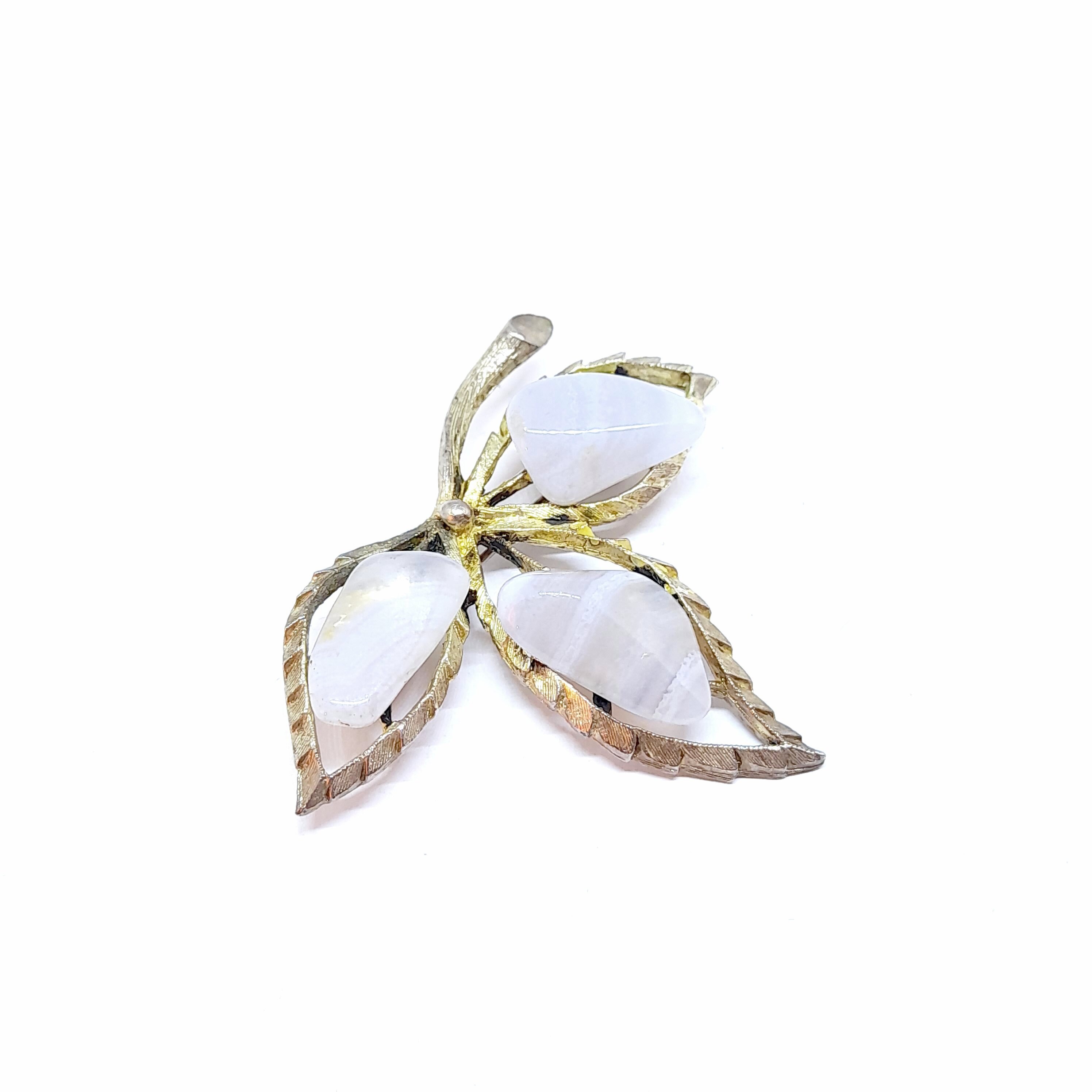 Blue Lace Agate Brooch Silver Leaf Design Vintage 1960s 70s Gemstone Jewellery