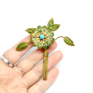 Antieke Daisy Broche Verklaring Bloem Sieraden Enorme Grote Groene Gouden Turquoise Bladeren Stengels