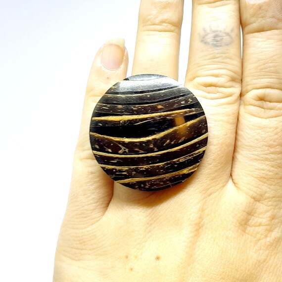 Ethnic Statement Ring Wood Nut Shell Circular Rin… - image 2