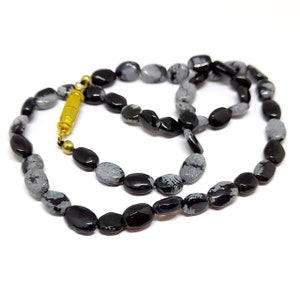 Snowflake Obsidian Beaded Necklace Gemstone Beads Black White Monochrome Vintage 80s 90s
