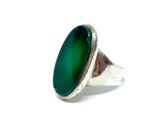 Vintage Chrysoprase Ring 1960s Sterling Silver Ring Green Onyx Statement Solid Silver Huge Stone 925 Size O