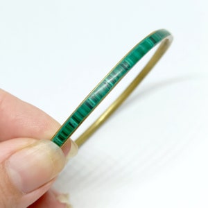 Vintage Malachite Bangle Semi Precious Green Gemstone Crystal Bangle Narrow Brass Setting Wide Stacking Layering