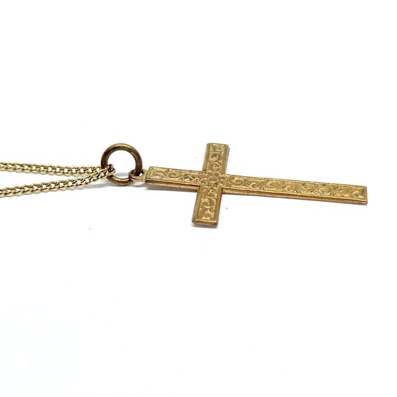 Antique Gold Cross Pendant Floral Engraved Crucif… - image 4