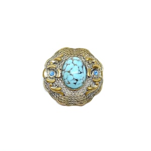 Turquoise Brooch Silver Filigree Pin Vintage 1960s Large Cabochon Gold Flower Blue Rhinestone Intricate