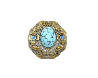 Broche Turquoise Argent Filigree Pin vintage 1960s Grand Cabochon Or Fleur Bleu Strass Complexe