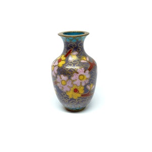 Cloisonné Vaso Vintage Miniature Vaso Cloisonne Smalto Orientale Blossom Giapponese Viola Malva Giallo Miniatura