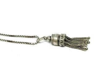 Victorian Necklace Tassel Pendant Silver Fob Sterling Silver Foxtail Chain Antique Necklace Charm