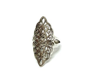 Large Sterling Silver Filigree Ring Statement Ring 925 Solid Silver Ornate Vintage 90s Size S