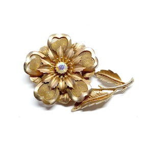 Statement Gold Flower Brooch Large Brooch Vintage Single Stem Mesh Petal Aurora Rhinestone Centre