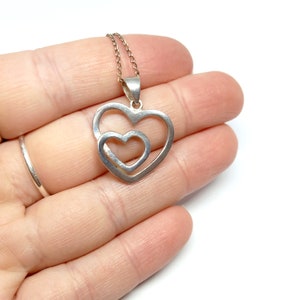 Sterling Silver Double Heart Necklace Love Heart Shaped Pendant Vintage 1990s Solid Silver 925