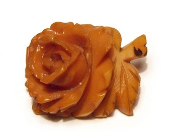 Bakelite Brooch Rose Broooch Butterscotch Bakelite Flower Vintage 1930s Art Deco Deep Carved Fully Tested