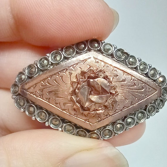 Copper Brooch 800 Silver Brooch Engraved Rose Etc… - image 6