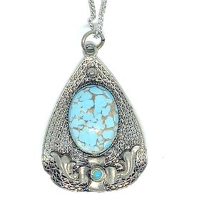 1960s Turquoise Necklace Faux Turquoise Pendant Vintage Filigree Flower Setting Silver Tone