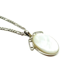 Sterling Silver Mother of Pearl Pendant Large Chunky 925 Filgaro Chain Fossil Back Shell Necklace Vintage 80s 90s