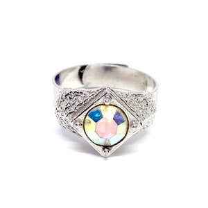 Aurora Borealis Rhinestone Ring Textured Silver Tone Ring Adjustable Size Cocktail Costume Statement Sparkly