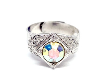 Aurora Borealis Rhinestone Ring Textured Silver Tone Ring Adjustable Size Cocktail Costume Statement Sparkly