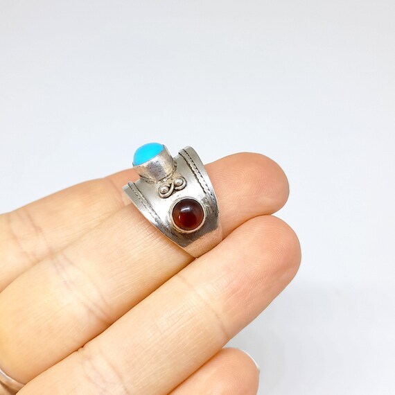 Sterling Silver Turquoise Ring Garnet Ring 925 Vi… - image 7