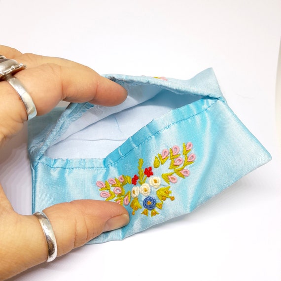 Embroidered Tissue Pouch Holder Purse Silky Turqu… - image 5