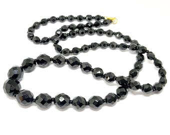 Collier Vintage XIXe Siècle - Double Rang Perles Noires à Facettes Irisées - Occasion