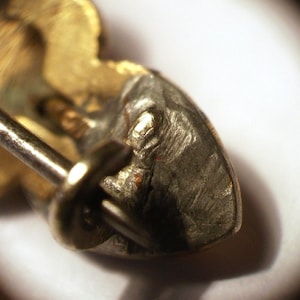 May include: Close-up of a gold-toned pin with a detailed design. The pin has a metal clasp and a textured surface.