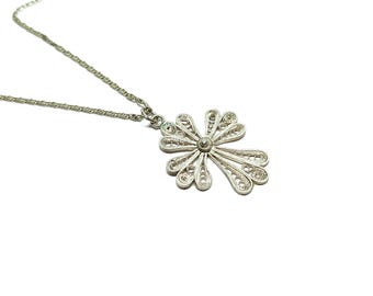 Sterling Silver Filigree Cross Pendant 925 Silver Cross Necklace Vintage Wire Work 1950s 60s