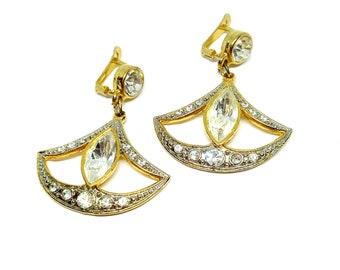 Statement Ohrringe Gold Glitzer Strass Ohrclips Cocktail Schmuck Vintage 80er 90er Jahre