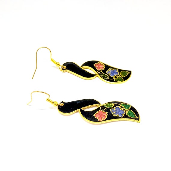 Vintage Cloisonne Earrings Black Floral Wave Flow… - image 4