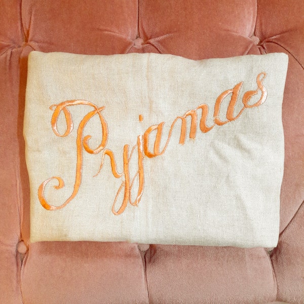 Vintage Embroidered Pyjama Case Hand Embroidery Peach Linen Scallop Square 1950s Bedroom Decor