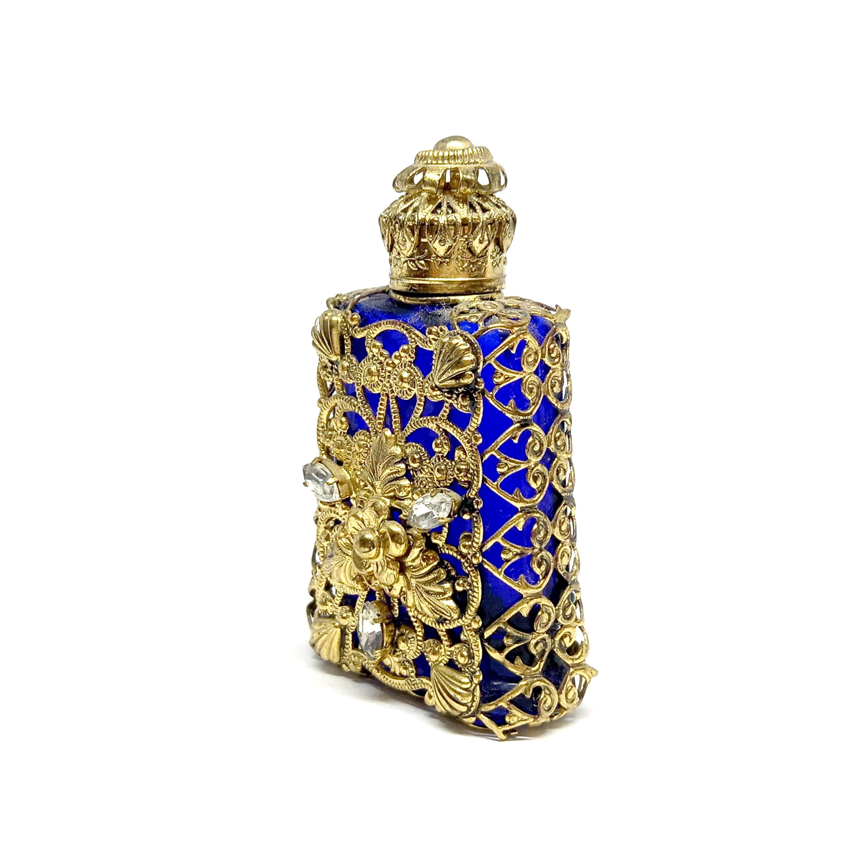 Vintage Czech Perfume Bottle Gold Filigree Cobalt Glass