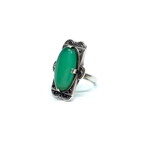Art Deco Ring Sterling Silver Chrysoprase Ring Marcasite Antique Vintage Green Stone 1920s 30s size H 4