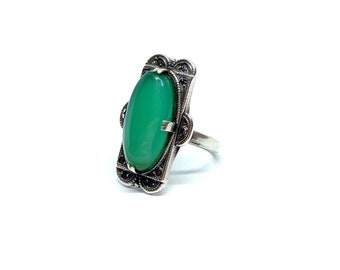 Art Deco Ring Sterling Silver Chrysoprase Ring Marcasite Antique Vintage Green Stone 1920s 30s size H 4