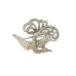 Vintage Bird of Paradise Phoenix Brooch Silver Faux Marcasite Sparkly Large Statement 1950s 60s