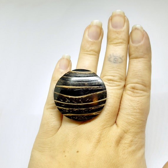 Ethnic Statement Ring Wood Nut Shell Circular Rin… - image 5