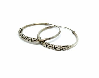 Large Sterling Silver Hoop Earrings Ethnic Bali Style Wire Wrap 925 Vintage 1980s 90s