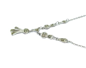 Collar Marcasita 1950s Collar Borla Colgante Vintage Plata Y Forma Lariat Drop Art Deco Estilo Sparkly