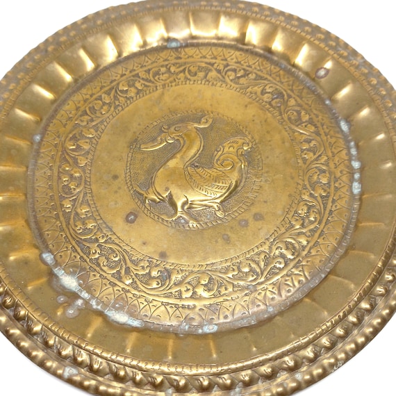 Brass Tray Indian Brass Dish Embossed Rooster Vintage Cockerel