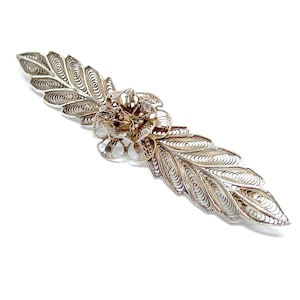 Sterling Silver Filigree Brooch Flower Leaves Elongated Shape 1920s 30s Vintage Antique Wirework
