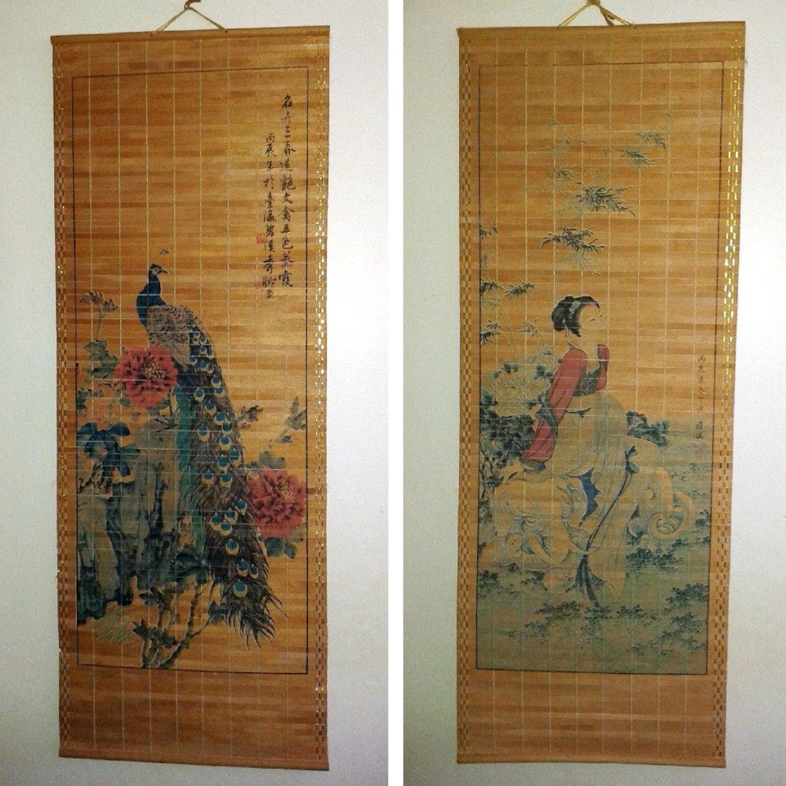 Vintage Bamboo Wall Hangings Peacock Geisha Oriental Chinese Etsy