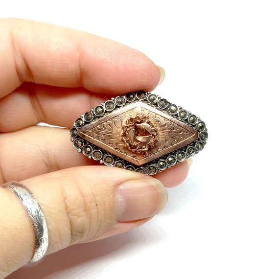 Copper Brooch 800 Silver Brooch Engraved Rose Etc… - image 3